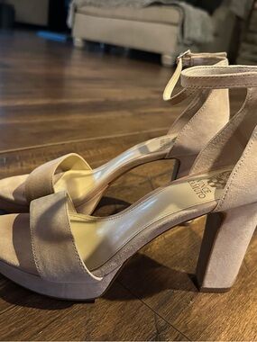 Vince Camuto Nude Suede Ankle-Strap Block Heels